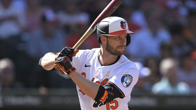 BALTIMORE, MD - SEPTEMBER 02: Baltimore Orioles outfielder Austin Slater (15) at the plate during a MLB game between the Baltimore Orioles and Chicago White Sox on September 2, 2024, at Oriole Park at Camden Yards in Baltimore, MD.