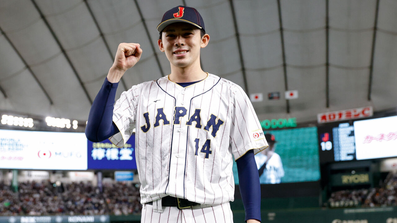 BUNKYO CITY, JAPAN - MARCH 11: Roki Sasaki #14 of Team Japan poses for a photo after their Game 6 of Pool B win over Team Czech Republic at Tokyo Dome on Saturday, March 11, 2023 in Bunkyo City, Japan.