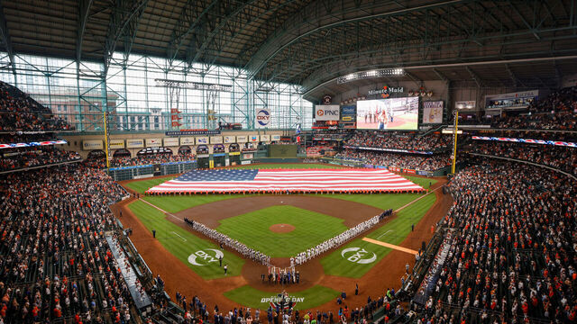 HOUSTON, TEXAS - MARCH 28: A general view of the stadium during the National Anthem before the Opening Day game between the Houston Astros and the New York Yankees at Minute Maid Park on March 28, 2024 in Houston, Texas.