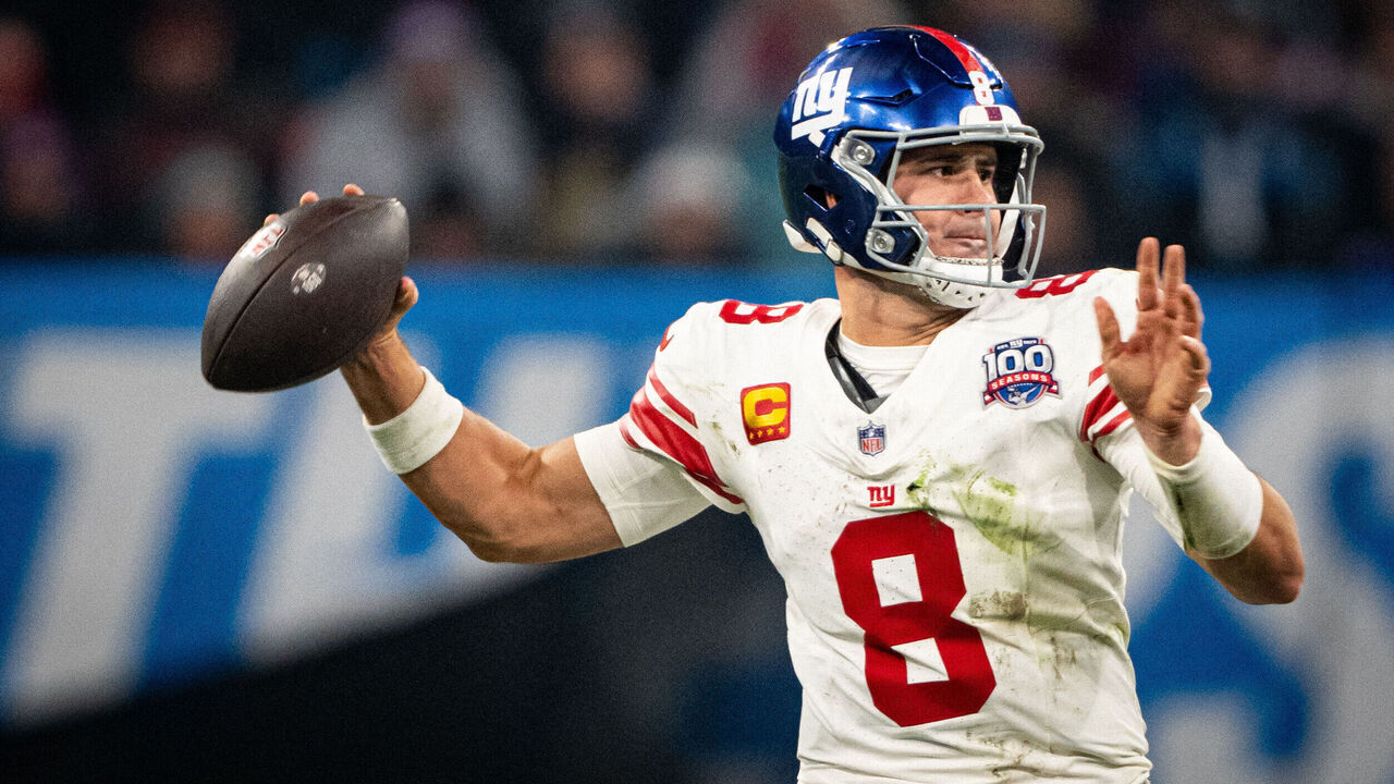 MUNICH, GERMANY - NOVEMBER 10: Daniel Jones of the New York Giants throws the ball during the NFL Munich Game 2024 between New York Giants and Carolina Panthers at Allianz Arena on November 10, 2024 in Munich, Germany.