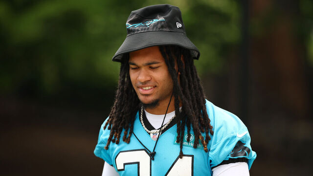 CHARLOTTE, NORTH CAROLINA - JUNE 04: Jonathon Brooks #24 of the Carolina Panthers attends Carolina Panthers OTA Offseason Workout on June 04, 2024 in Charlotte, North Carolina.