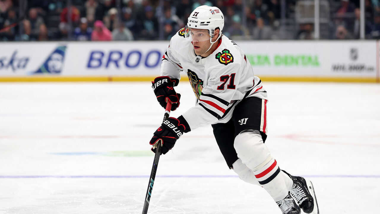 SEATTLE, WASHINGTON - NOVEMBER 14: Taylor Hall #71 of the Chicago Blackhawks skates against the Seattle Kraken during the first period at Climate Pledge Arena on November 14, 2024 in Seattle, Washington.