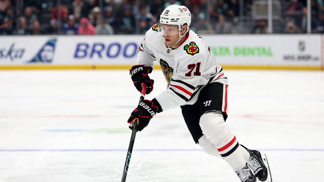 SEATTLE, WASHINGTON - NOVEMBER 14: Taylor Hall #71 of the Chicago Blackhawks skates against the Seattle Kraken during the first period at Climate Pledge Arena on November 14, 2024 in Seattle, Washington.