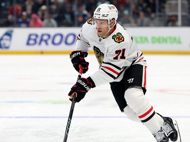 SEATTLE, WASHINGTON - NOVEMBER 14: Taylor Hall #71 of the Chicago Blackhawks skates against the Seattle Kraken during the first period at Climate Pledge Arena on November 14, 2024 in Seattle, Washington.