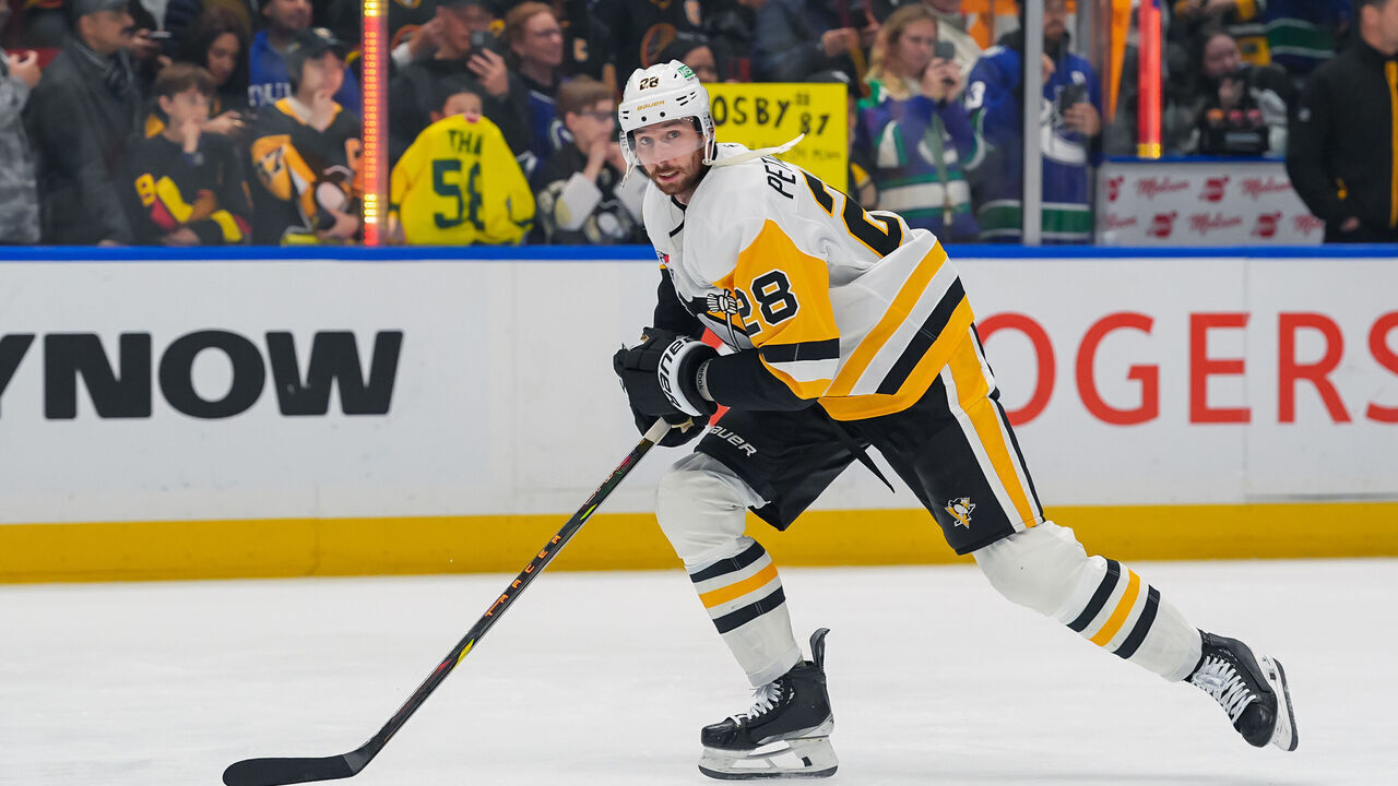VANCOUVER, CANADA - OCTOBER 26: Marcus Pettersson #28 of the Pittsburgh Penguins skates up the ice during warmup before their NHL game against the Vancouver Canucks at Rogers Arena on October 26, 2024 in Vancouver, British Columbia, Canada.