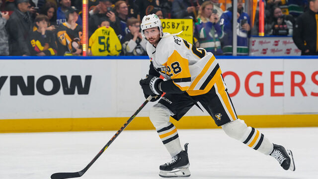 VANCOUVER, CANADA - OCTOBER 26: Marcus Pettersson #28 of the Pittsburgh Penguins skates up the ice during warmup before their NHL game against the Vancouver Canucks at Rogers Arena on October 26, 2024 in Vancouver, British Columbia, Canada.