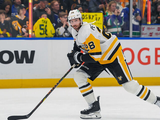 VANCOUVER, CANADA - OCTOBER 26: Marcus Pettersson #28 of the Pittsburgh Penguins skates up the ice during warmup before their NHL game against the Vancouver Canucks at Rogers Arena on October 26, 2024 in Vancouver, British Columbia, Canada.