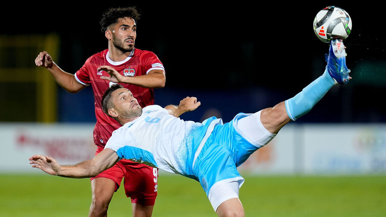 San Marino, San Marino - September 5: Dante Rossi of San Marino and Ferhat Saglam of Liechtenstein compete for the ball during the UEFA Nations League 2024/2025 League D - Group 1 match between San Marino and Liechtenstein at San Marino Stadium on September 5, 2024 in San Marino, San Marino.