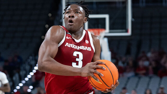 FORT WORTH, TX - NOVEMBER 01: Arkansas Razorbacks forward Adou Thiero (#3) dribbles toward the basket during the college basketball preseason exxhibition game between the TCU Horned Frogs and Arkansas Razorbacks on November 1, 2024 at Dickies Arena in Fort Worth, Texas.
