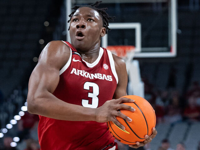 FORT WORTH, TX - NOVEMBER 01: Arkansas Razorbacks forward Adou Thiero (#3) dribbles toward the basket during the college basketball preseason exxhibition game between the TCU Horned Frogs and Arkansas Razorbacks on November 1, 2024 at Dickies Arena in Fort Worth, Texas.