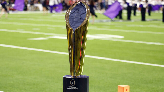 INGLEWOOD, CALIFORNIA - JANUARY 09: The College Football Playoff National Championship trophy is displayed on the field before the College Football Playoff National Championship game between the Georgia Bulldogs and the TCU Horned Frogs at SoFi Stadium on January 09, 2023 in Inglewood, California.