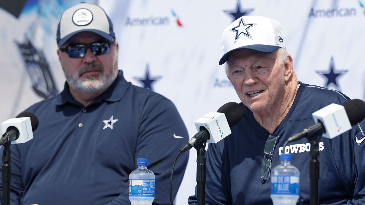 OXNARD, CA - JULY 25: Dallas Cowboys owner Jerry Jones and head coach Mike McCarthy talk to the media during the team's training camp at River Ridge Playing Fields on July 25, 2024 in Oxnard, CA.