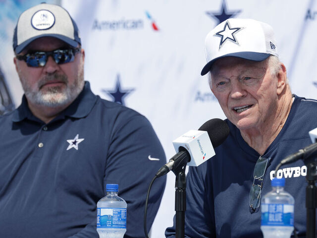 OXNARD, CA - JULY 25: Dallas Cowboys owner Jerry Jones and head coach Mike McCarthy talk to the media during the team's training camp at River Ridge Playing Fields on July 25, 2024 in Oxnard, CA.