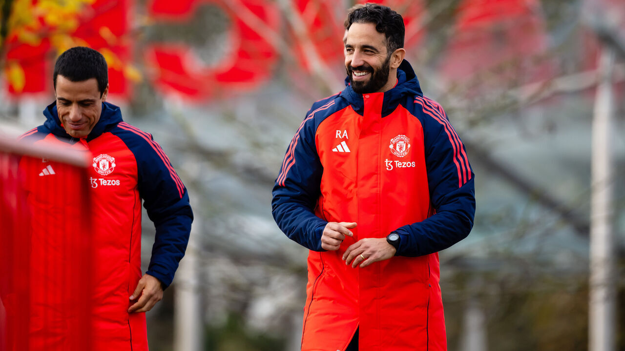 MANCHESTER, ENGLAND - NOVEMBER 18: Ruben Amorim, Manager of Manchester United reacts during the Manchester United training session at Carrington Training Ground on November 18, 2024 in Manchester, England.