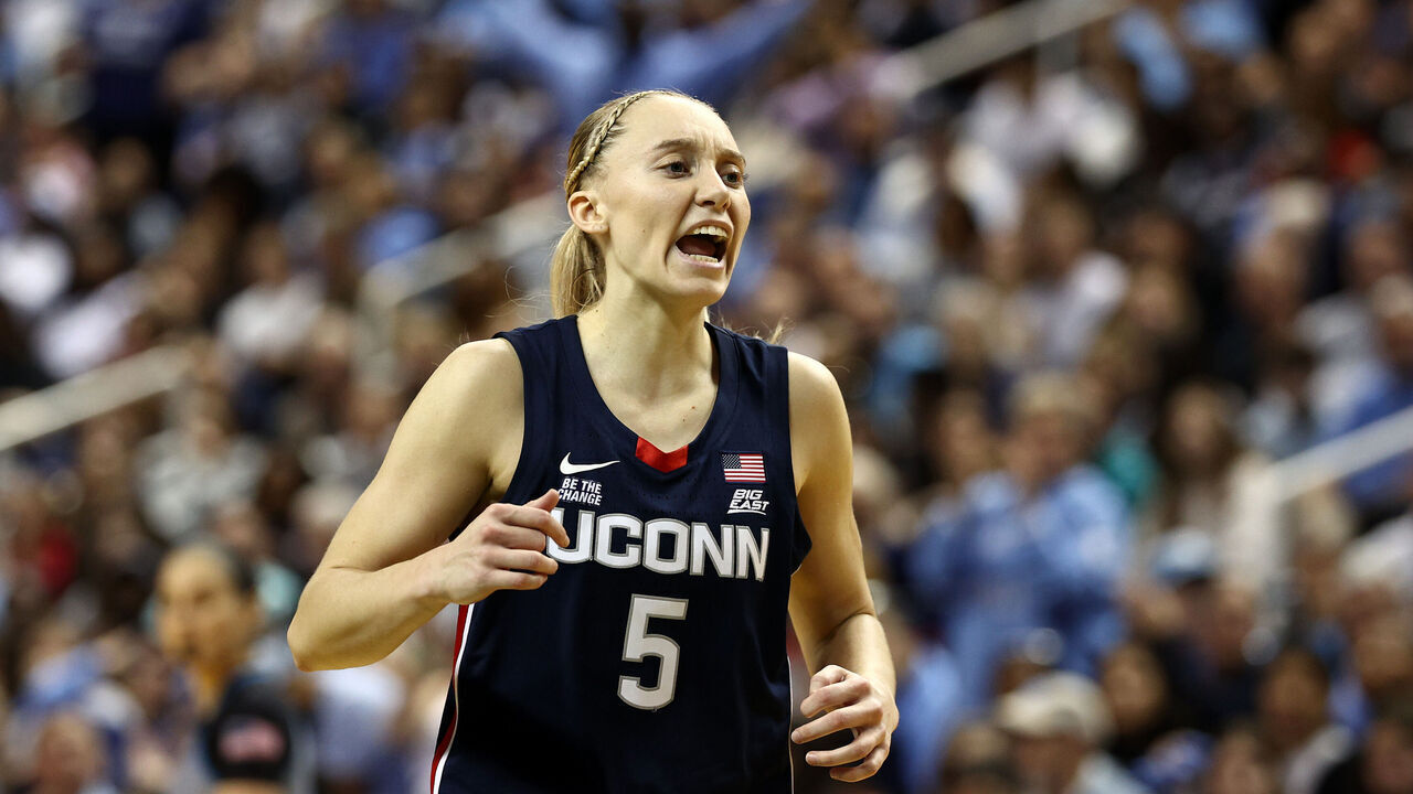 GREENSBORO, NORTH CAROLINA - NOVEMBER 15: Paige Bueckers #5 of the UConn Huskies reacts during the second half of the game against the North Carolina Tar Heels at First Horizon Coliseum on November 15, 2024 in Greensboro, North Carolina.