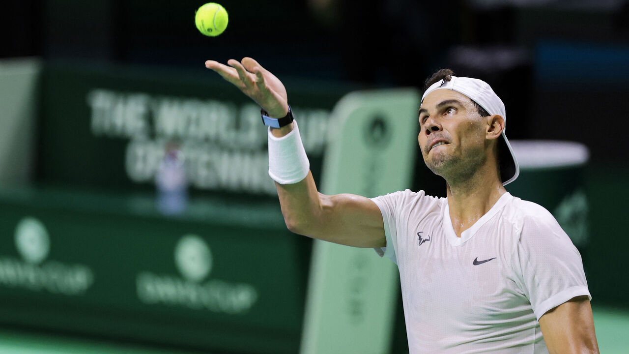 Rafael Nadal of Team Spain trains prior to the quarter-final match between Netherlands and Spain during the Davis Cup Finals at the Palacio de Deportes Jose Maria Martin Carpena arena in Malaga, southern Spain, on November 19, 2024.