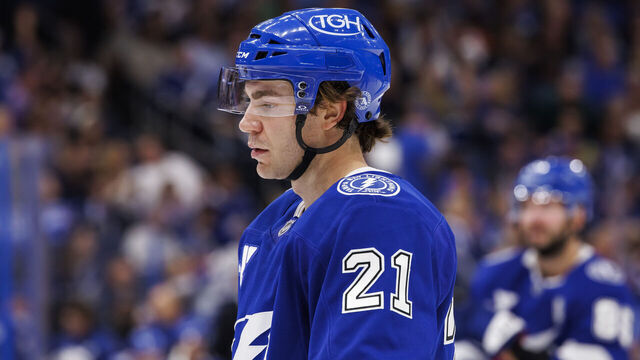 TAMPA, FL - OCTOBER 15: Brayden Point #21 of the Tampa Bay Lightning skates against the Vancouver Canucks during the second period at Amalie Arena on October 15, 2024 in Tampa, Florida.