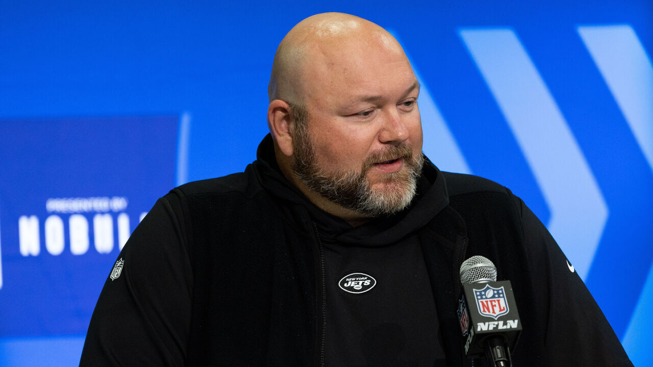 INDIANAPOLIS, INDIANA - FEBRUARY 28: General Manager Joe Douglas of the New York Jets speaks to the media during the NFL Combine at the Indiana Convention Center on February 28, 2024 in Indianapolis, Indiana.