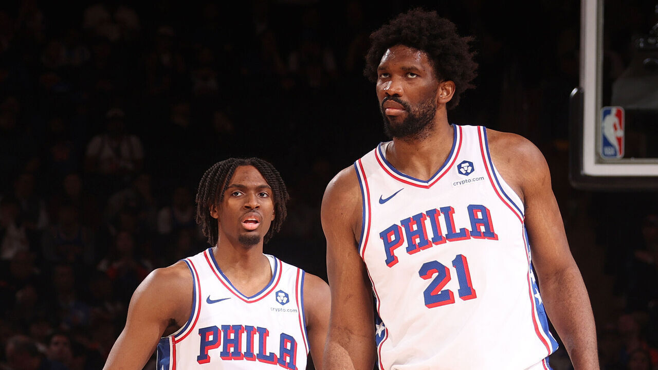 NEW YORK, NY - APRIL 30: Tyrese Maxey #0 and Joel Embiid #21 of the Philadelphia 76ers look on during the game against the New York Knicks during Round 1 Game 5 of the 2024 NBA Playoffs on April 30, 2024 at Madison Square Garden in New York City, New York. Mandatory Copyright Notice: Copyright 2024 NBAE