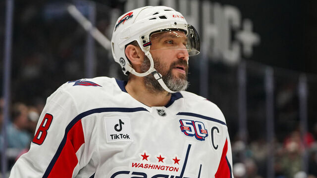 SALT LAKE CITY, UT - NOVEMBER 18: Washington Capitals Left Wing Alex Ovechkin (8) as seen during an NHL game between the Washington Capitals and the Utah Hockey Club on November 18, 2024 at the Delta Center in Salt Lake City, UT.