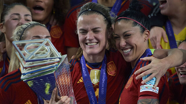 SEVILLE, SPAIN - FEBRUARY 28: Irene Paredes and Jenni Hermoso of Spain holds the trophy after wining the UEFA Nations League Final Match between Spain and France at Estadio La Cartuja on February 28, 2024 in Seville, Spain.