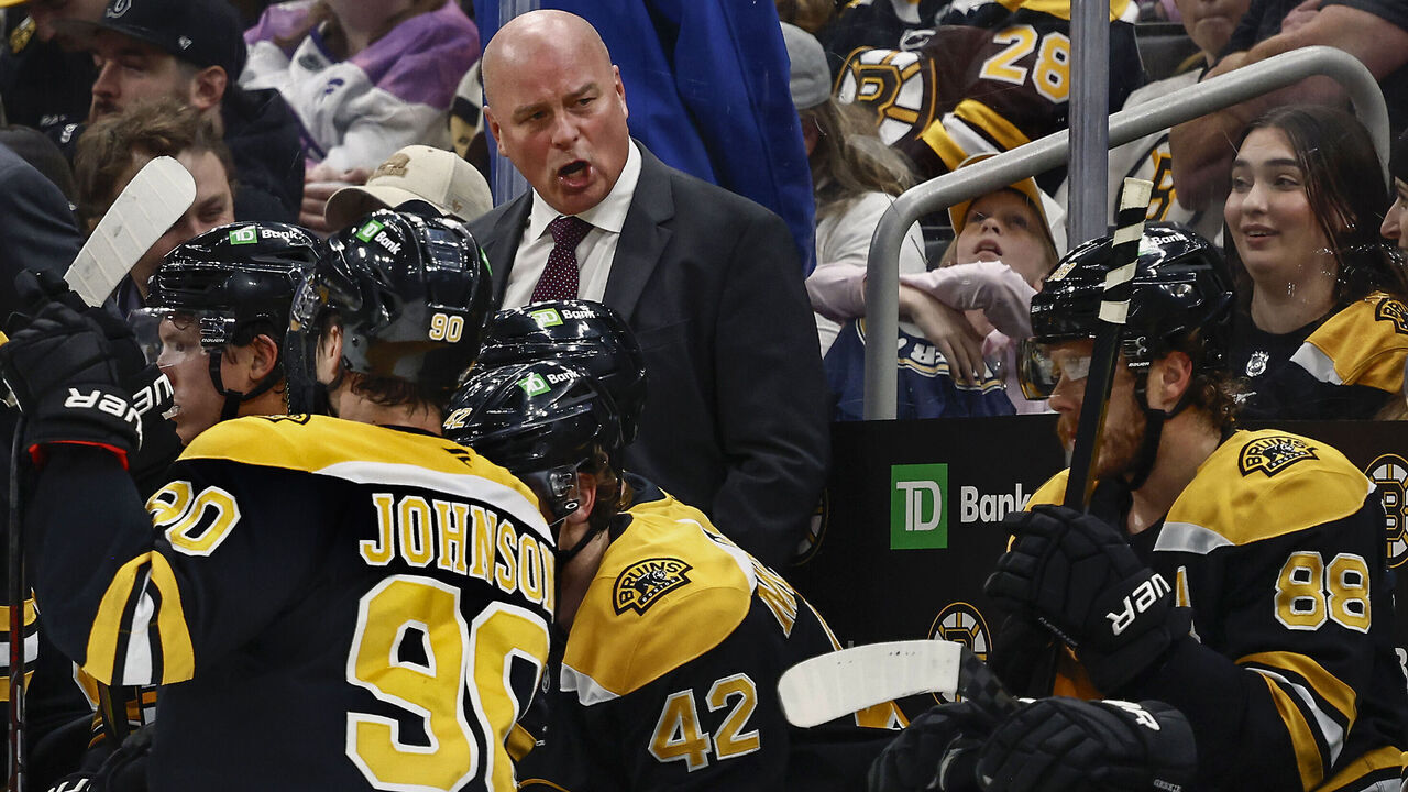 BOSTON, MA - NOVEMBER 18: Head coach Jim Montgomery of the Boston Bruins shouts at his players during the third period of their 5-1 loss to the Columbus Blue Jackets at TD Garden on November 18, 2024 in Boston, Massachusetts.