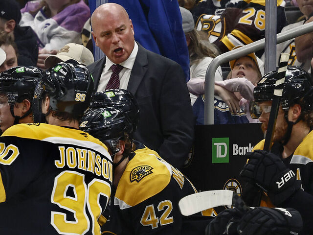 BOSTON, MA - NOVEMBER 18: Head coach Jim Montgomery of the Boston Bruins shouts at his players during the third period of their 5-1 loss to the Columbus Blue Jackets at TD Garden on November 18, 2024 in Boston, Massachusetts.