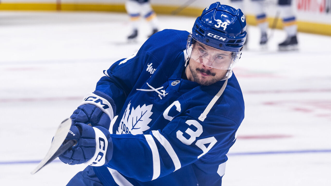 TORONTO, ON - OCTOBER 24: Auston Matthews #34 of the Toronto Maple Leafs shoots on net during warm ups before playing the St. Louis Blues at the Scotiabank Arena on October 24, 2024 in Toronto, Ontario, Canada.