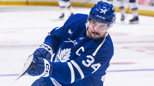 TORONTO, ON - OCTOBER 24: Auston Matthews #34 of the Toronto Maple Leafs shoots on net during warm ups before playing the St. Louis Blues at the Scotiabank Arena on October 24, 2024 in Toronto, Ontario, Canada.