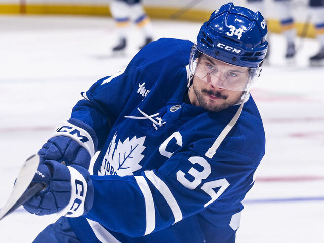 TORONTO, ON - OCTOBER 24: Auston Matthews #34 of the Toronto Maple Leafs shoots on net during warm ups before playing the St. Louis Blues at the Scotiabank Arena on October 24, 2024 in Toronto, Ontario, Canada.