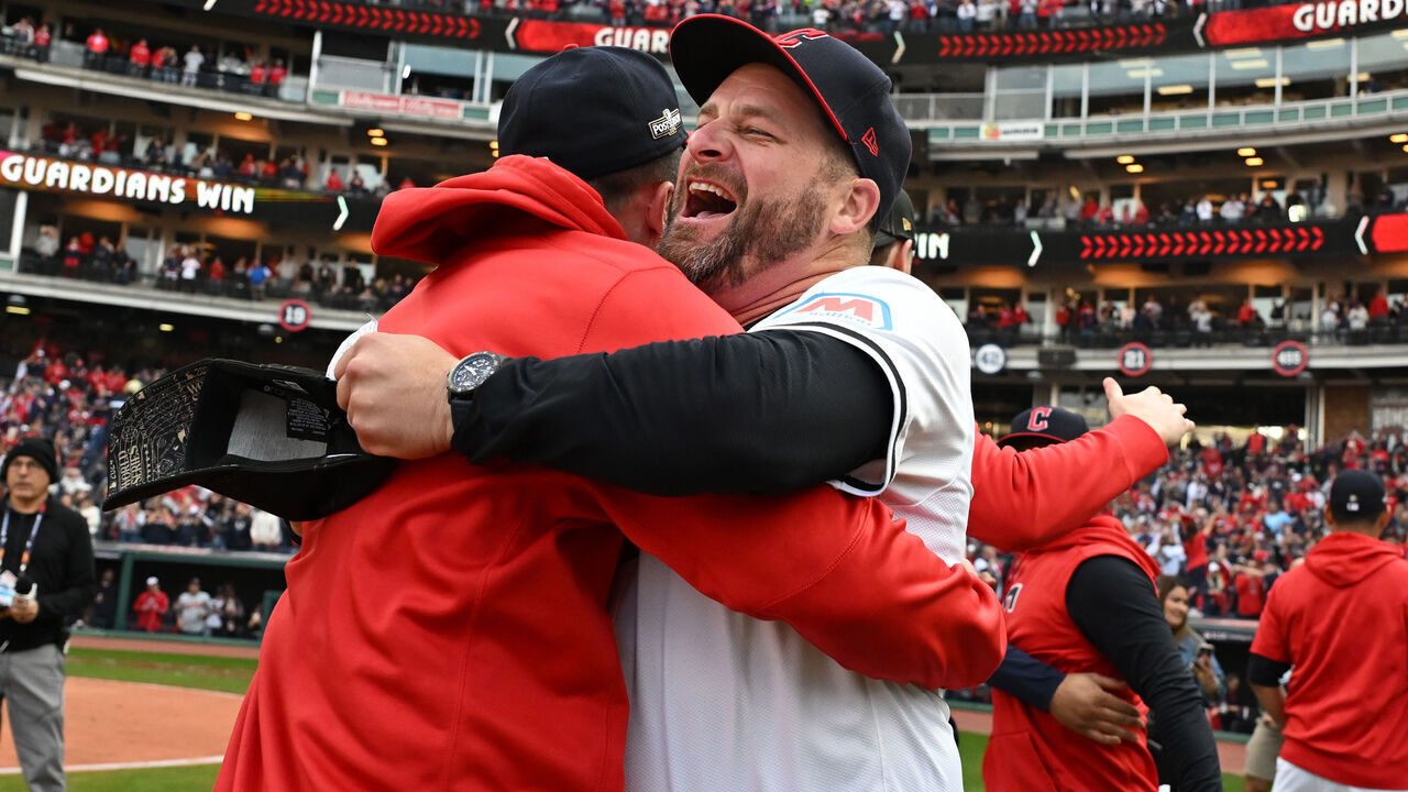 CLEVELAND, OHIO - OCTOBER 12: Stephen Vogt #12 of the Cleveland Guardians celebrates after defeating the Detroit Tigers during Game Five of the Division Series at Progressive Field on October 12, 2024 in Cleveland, Ohio.