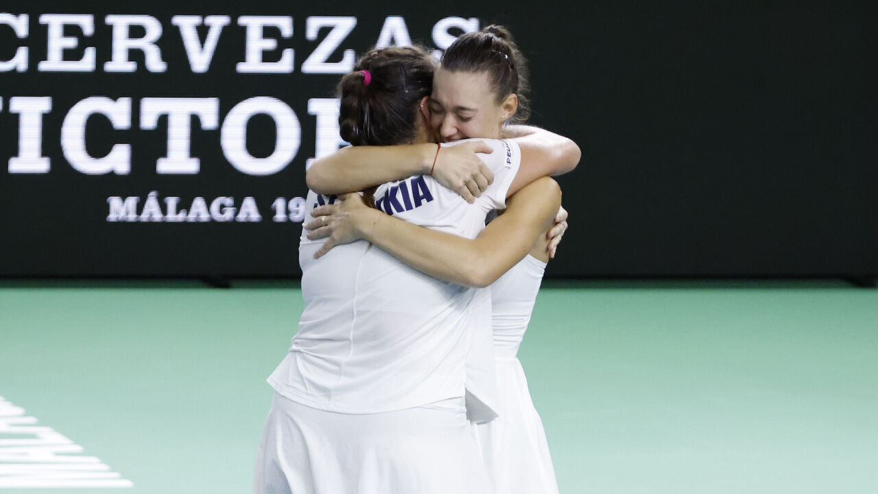 MALAGA, SPAIN - NOVEMBER 19: Viktoria Hruncakova of Slovakia and Tereza Mihalikova of Slovakia celebrate the victory during match with Heather Watson and Olivia Nicholls of Great Britain in the Billie Jean King Cup Finals at Palacio de Deportes Jose Maria Martin Carpena on November 19, 2024 in Malaga, Spain.