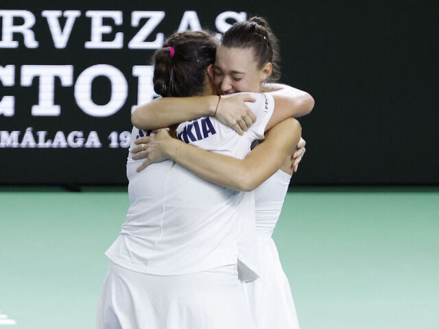 MALAGA, SPAIN - NOVEMBER 19: Viktoria Hruncakova of Slovakia and Tereza Mihalikova of Slovakia celebrate the victory during match with Heather Watson and Olivia Nicholls of Great Britain in the Billie Jean King Cup Finals at Palacio de Deportes Jose Maria Martin Carpena on November 19, 2024 in Malaga, Spain.