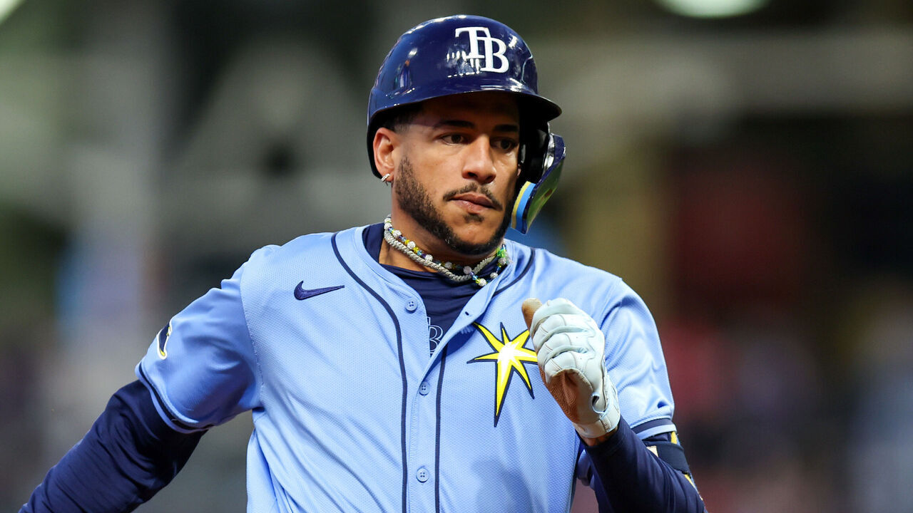 CLEVELAND, OH - SEPTEMBER 13: Tampa Bay Rays center fielder Jose Siri (22) digs for third base after hitting a triple during the third inning of the Major League Baseball game between the Tampa Bay Rays and Cleveland Guardians on September 13, 2024, at Progressive Field in Cleveland, OH.
