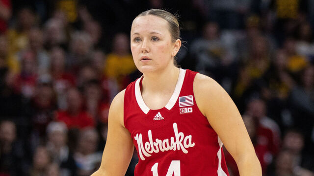MINNEAPOLIS, MN - MARCH 10: Nebraska Cornhuskers guard Callin Hake (14) handles the ball during the second half of a Big Ten Women's Basketball Tournament championship game between the Iowa Hawkeyes and Nebraska Cornhuskers on March 10, 2024, at the Target Center in Minneapolis, MN.