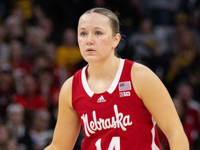MINNEAPOLIS, MN - MARCH 10: Nebraska Cornhuskers guard Callin Hake (14) handles the ball during the second half of a Big Ten Women's Basketball Tournament championship game between the Iowa Hawkeyes and Nebraska Cornhuskers on March 10, 2024, at the Target Center in Minneapolis, MN.