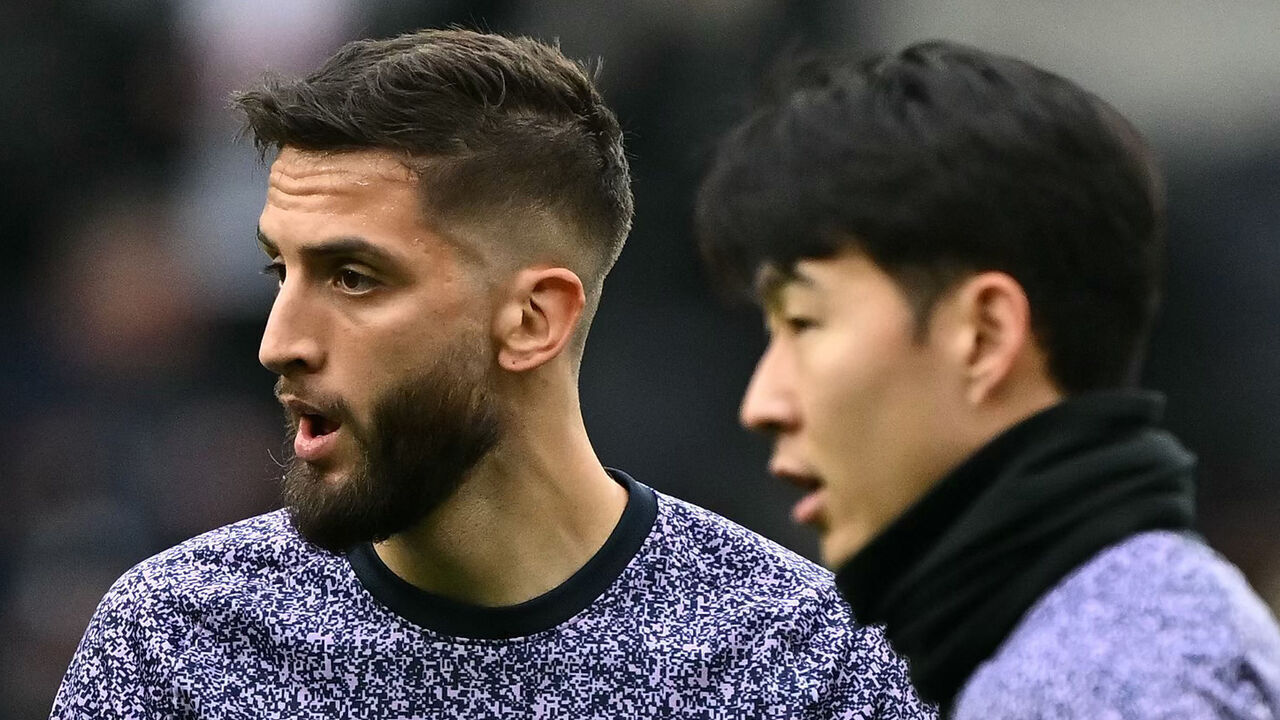 Tottenham Hotspur's Uruguayan midfielder #30 Rodrigo Bentancur (L) and Tottenham Hotspur's South Korean striker #07 Son Heung-Min warm up ahead of the English Premier League football match between Tottenham Hotspur and Bournemouth at Tottenham Hotspur Stadium in London, on December 31, 2023.
