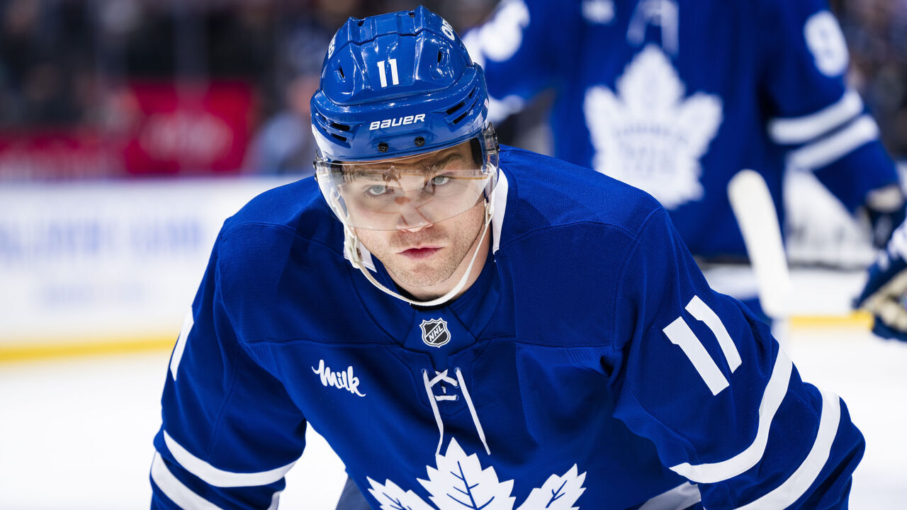 TORONTO, ON - OCTOBER 31: Max Domi #11 of the Toronto Maple Leafs waits on a face off against the Seattle Kraken during the first period at the Scotiabank Arena on October 31, 2024 in Toronto, Ontario, Canada.