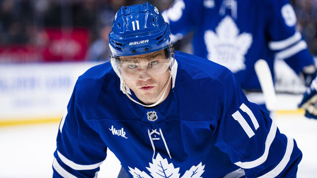 TORONTO, ON - OCTOBER 31: Max Domi #11 of the Toronto Maple Leafs waits on a face off against the Seattle Kraken during the first period at the Scotiabank Arena on October 31, 2024 in Toronto, Ontario, Canada.