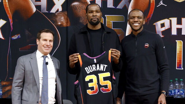 PHOENIX, ARIZONA - FEBRUARY 16: (L-R) Owner Mat Ishbia, Kevin Durant and general manager James Jones of the Phoenix Suns pose for a photo at a press conference at Footprint Center on February 16, 2023 in Phoenix, Arizona. NOTE TO USER: User expressly acknowledges and agrees that, by downloading and/or using this photograph, User is consenting to the terms and conditions of the Getty Images License Agreement.