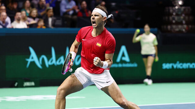 MALAGA, SPAIN - NOVEMBER 19: Rafael Nadal of Team Spain celebrates after winning a point during the quarterfinal tie between Netherlands and Spain during the Davis Cup Finals at Palacio de Deportes Jose Maria Martin Carpena on November 19, 2024 in Malaga, Spain.