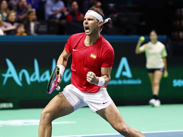 MALAGA, SPAIN - NOVEMBER 19: Rafael Nadal of Team Spain celebrates after winning a point during the quarterfinal tie between Netherlands and Spain during the Davis Cup Finals at Palacio de Deportes Jose Maria Martin Carpena on November 19, 2024 in Malaga, Spain.