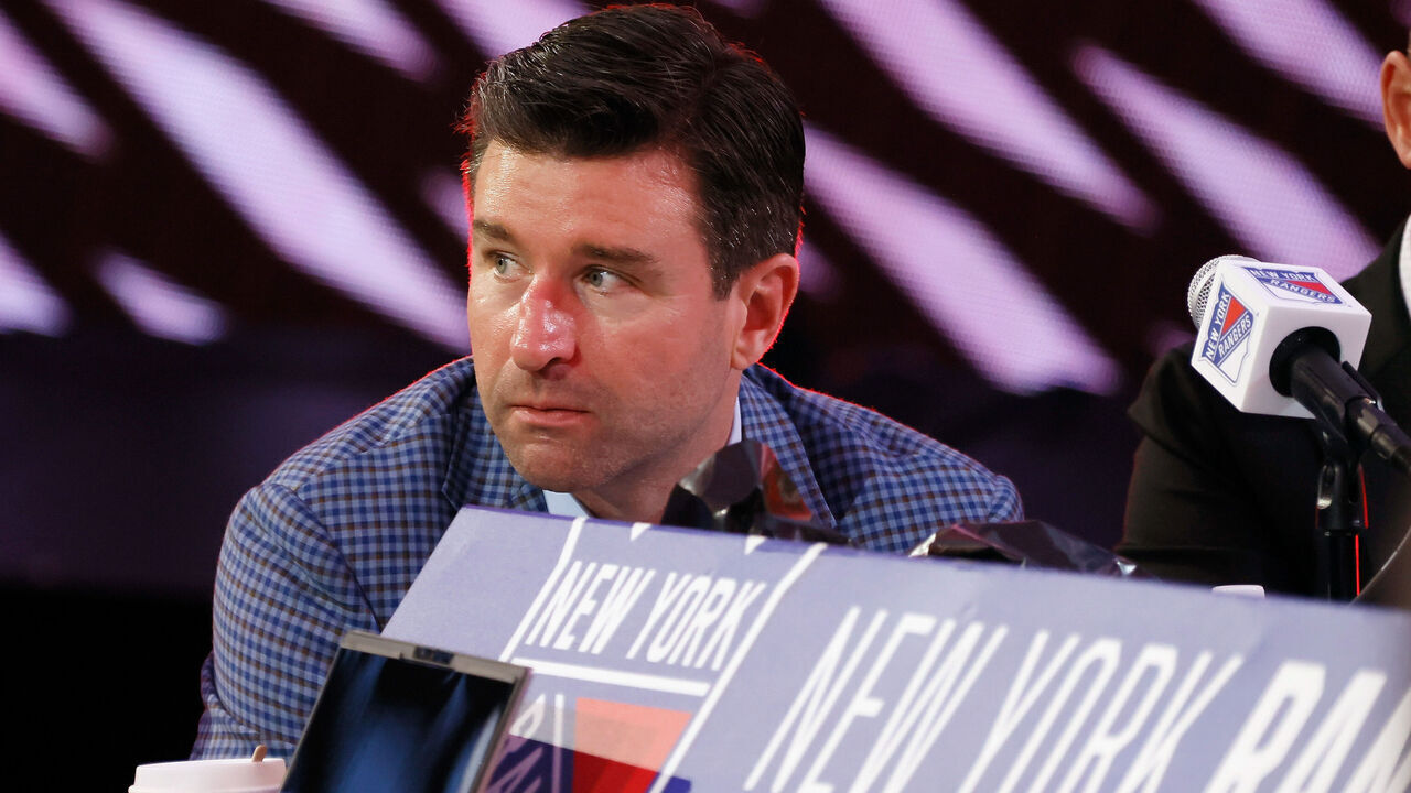 LAS VEGAS, NEVADA - JUNE 29: Chris Drury of the New York Rangers handles the draft during the 2024 Upper Deck NHL Draft at Sphere on June 29, 2024 in Las Vegas, Nevada.