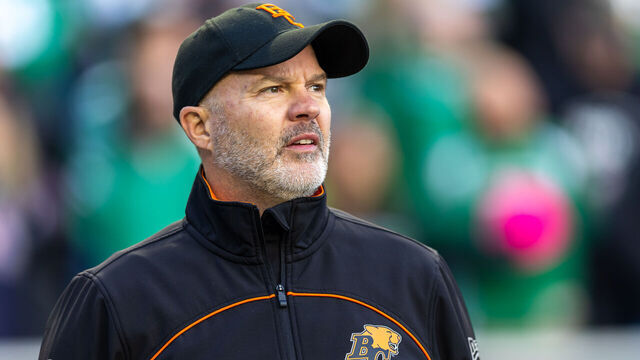 REGINA, CANADA - OCTOBER 12: Head coach Rick Campbell of the BC Lions on the sideline before the game between the BC Lions and Saskatchewan Roughriders at Mosaic Stadium on October 12, 2024 in Regina, Canada.