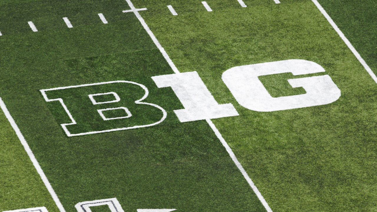 EUGENE, OREGON - AUGUST 31: A general view of a "B1G" Big Ten logo before a game between Idaho Vandals and Oregon Ducks at Autzen Stadium on August 31, 2024 in Eugene, Oregon.
