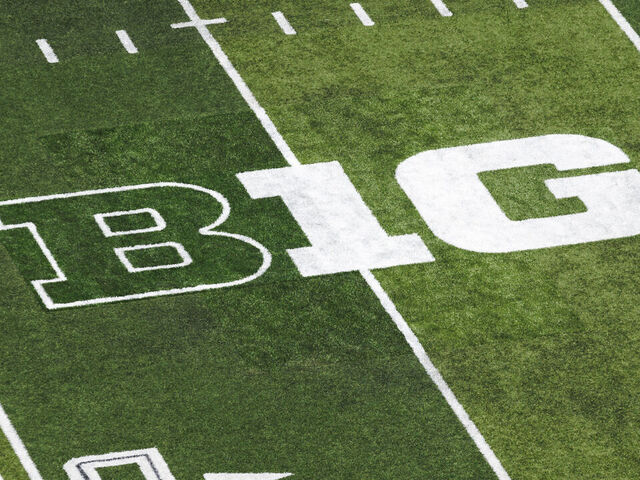 EUGENE, OREGON - AUGUST 31: A general view of a "B1G" Big Ten logo before a game between Idaho Vandals and Oregon Ducks at Autzen Stadium on August 31, 2024 in Eugene, Oregon.