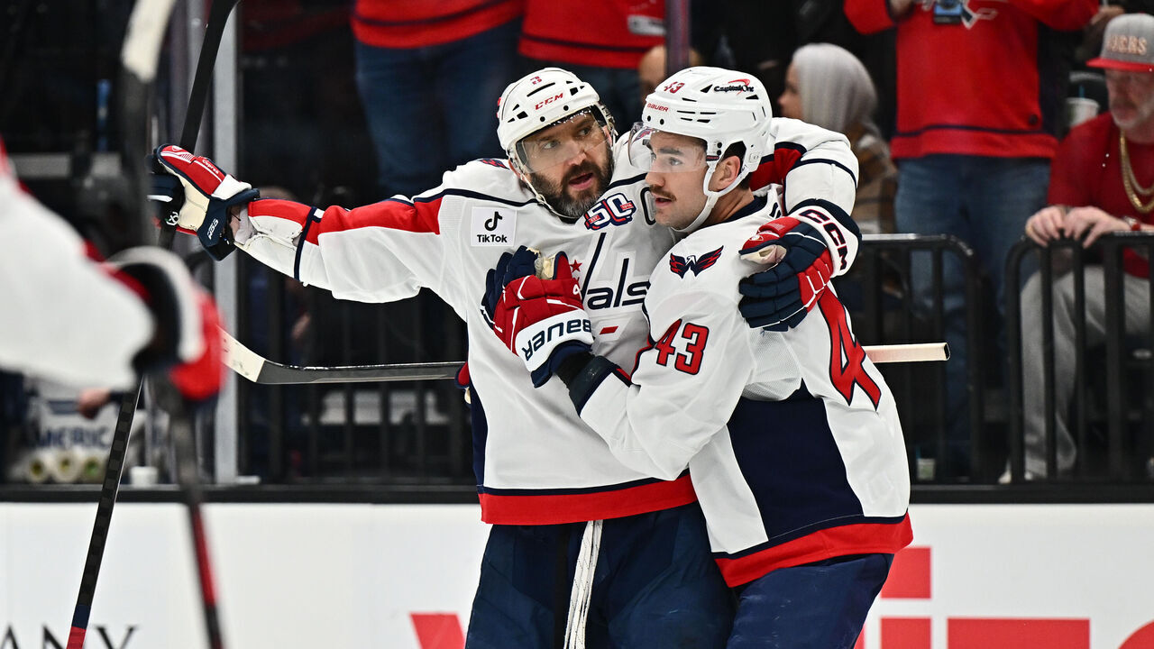 SALT LAKE CITY, UTAH - NOVEMBER 18: Alex Ovechkin #8 of the Washington Capitals celebrates his second period goal with teammate Tom Wilson #43 of the Washington Capitals during a game against the Utah Hockey Club on November 18, 2024 at Delta Center in Salt Lake City, Utah.