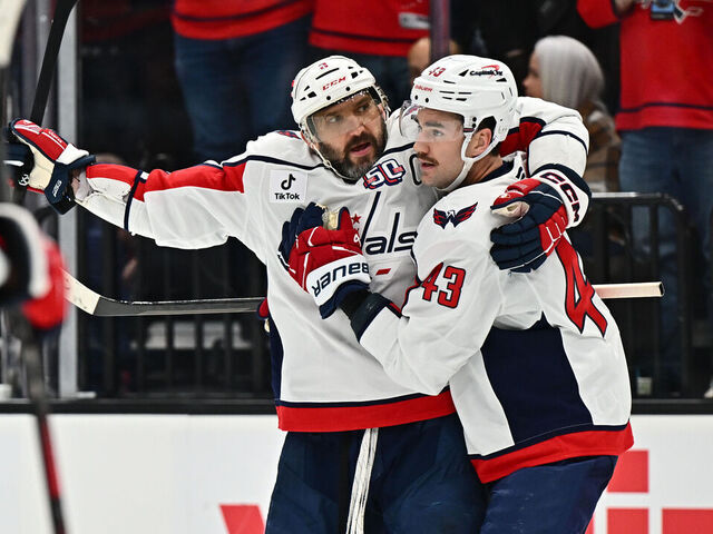 SALT LAKE CITY, UTAH - NOVEMBER 18: Alex Ovechkin #8 of the Washington Capitals celebrates his second period goal with teammate Tom Wilson #43 of the Washington Capitals during a game against the Utah Hockey Club on November 18, 2024 at Delta Center in Salt Lake City, Utah.
