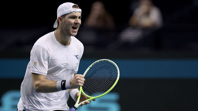 MALAGA, SPAIN - NOVEMBER 20: Jan-Lennard Struff of Team Germany celebrates a point in his singles match against Denis Shapovalov of Team Canada in the quarterfinal tie between Germany and Canada during the Davis Cup Finals at Palacio de Deportes Jose Maria Martin Carpena on November 20, 2024 in Malaga, Spain.