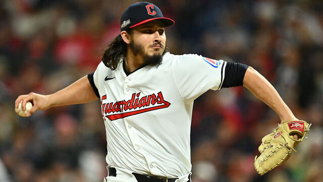 CLEVELAND, OHIO - OCTOBER 18: Eli Morgan #49 of the Cleveland Guardians throws a pitch in the fifth inning against the New York Yankees during Game Four of the American League Championship Series at Progressive Field on October 18, 2024 in Cleveland, Ohio.